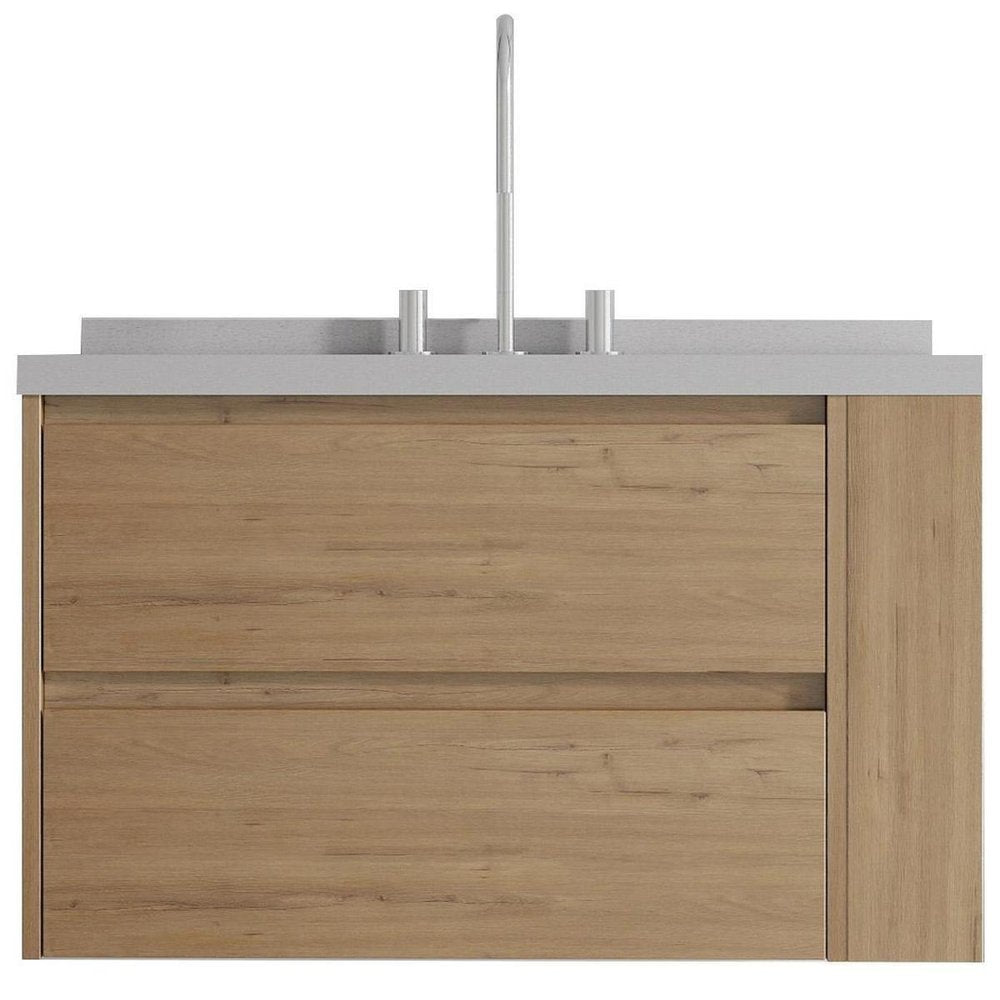 36" Brown Wood Floating Bathroom Vanity With White Ceramic Sink With Two Drawers — view 5