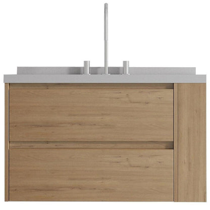 36" Brown Wood Floating Bathroom Vanity With White Ceramic Sink With Two Drawers HomeRoots