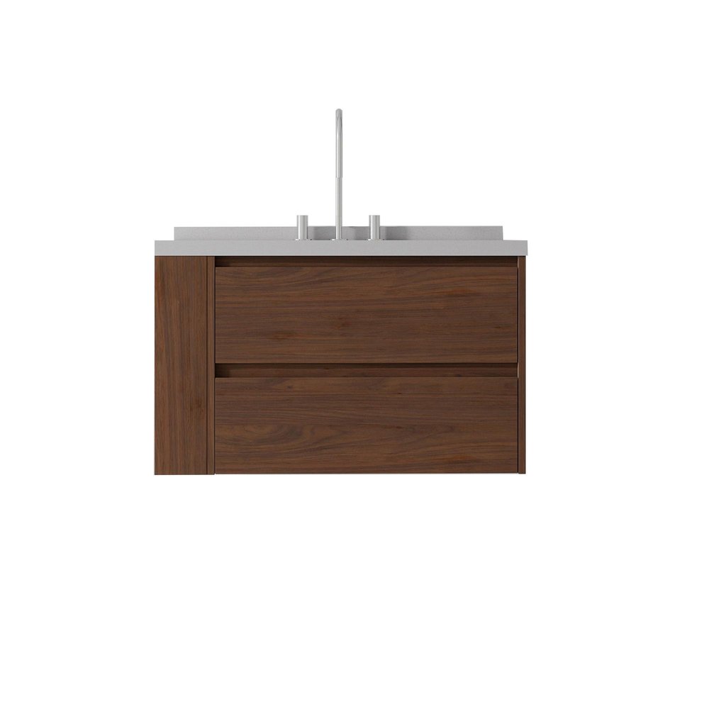 36" Brown Wood Floating Bathroom Vanity With White Ceramic Sink With Two Drawers HomeRoots