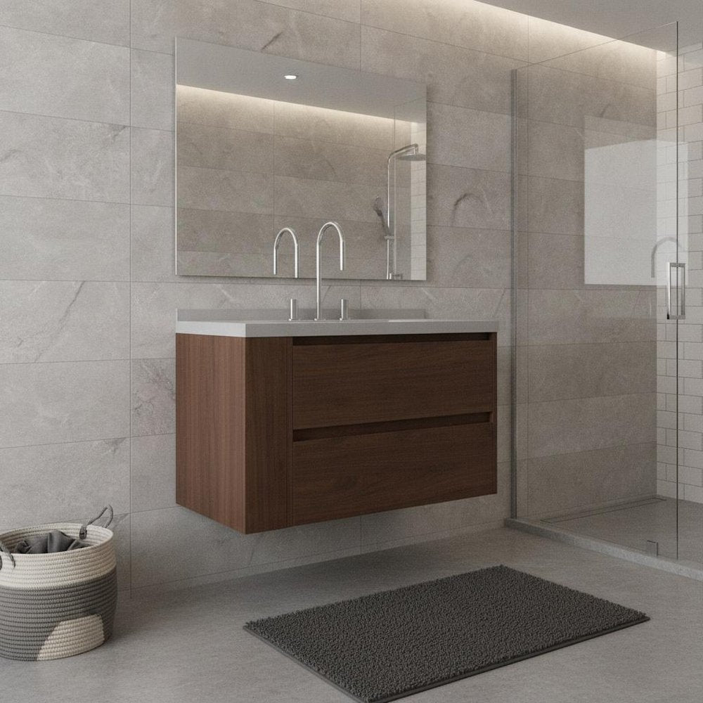 36" Brown Wood Floating Bathroom Vanity With White Ceramic Sink With Two Drawers HomeRoots