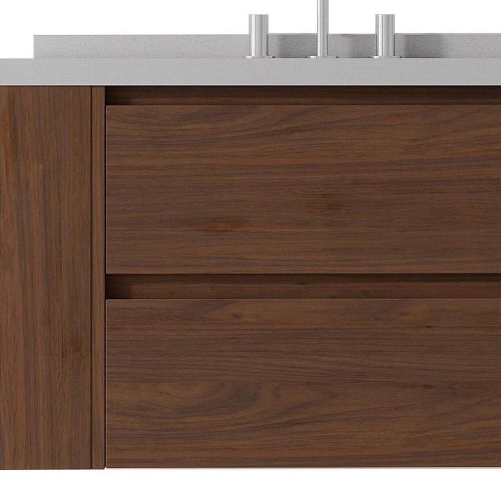 36" Brown Wood Floating Bathroom Vanity With White Ceramic Sink With Two Drawers — view 3