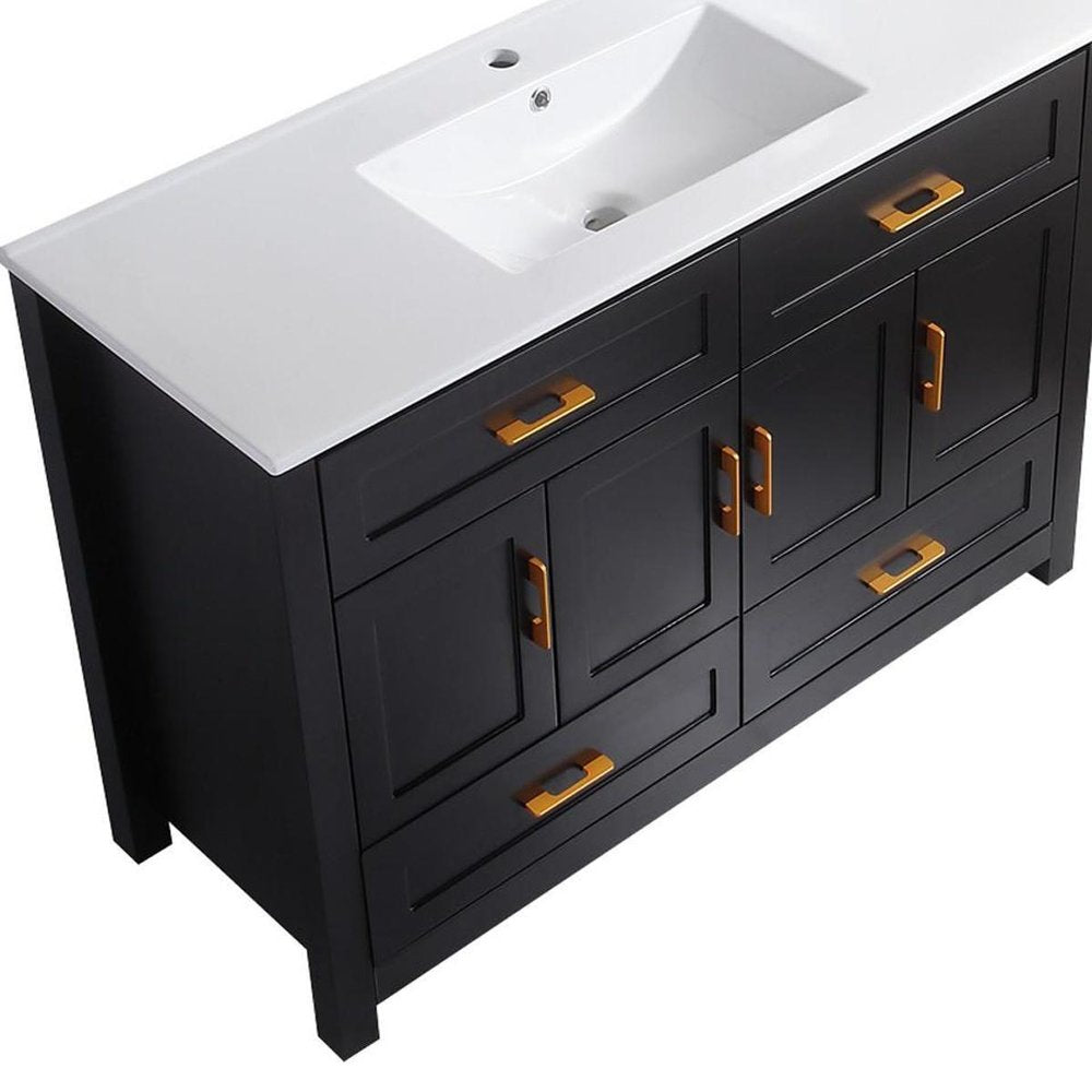 48" Black Wood Four Door Bathroom Vanity With White Acrylic Sink With Four Drawers And Shelves HomeRoots
