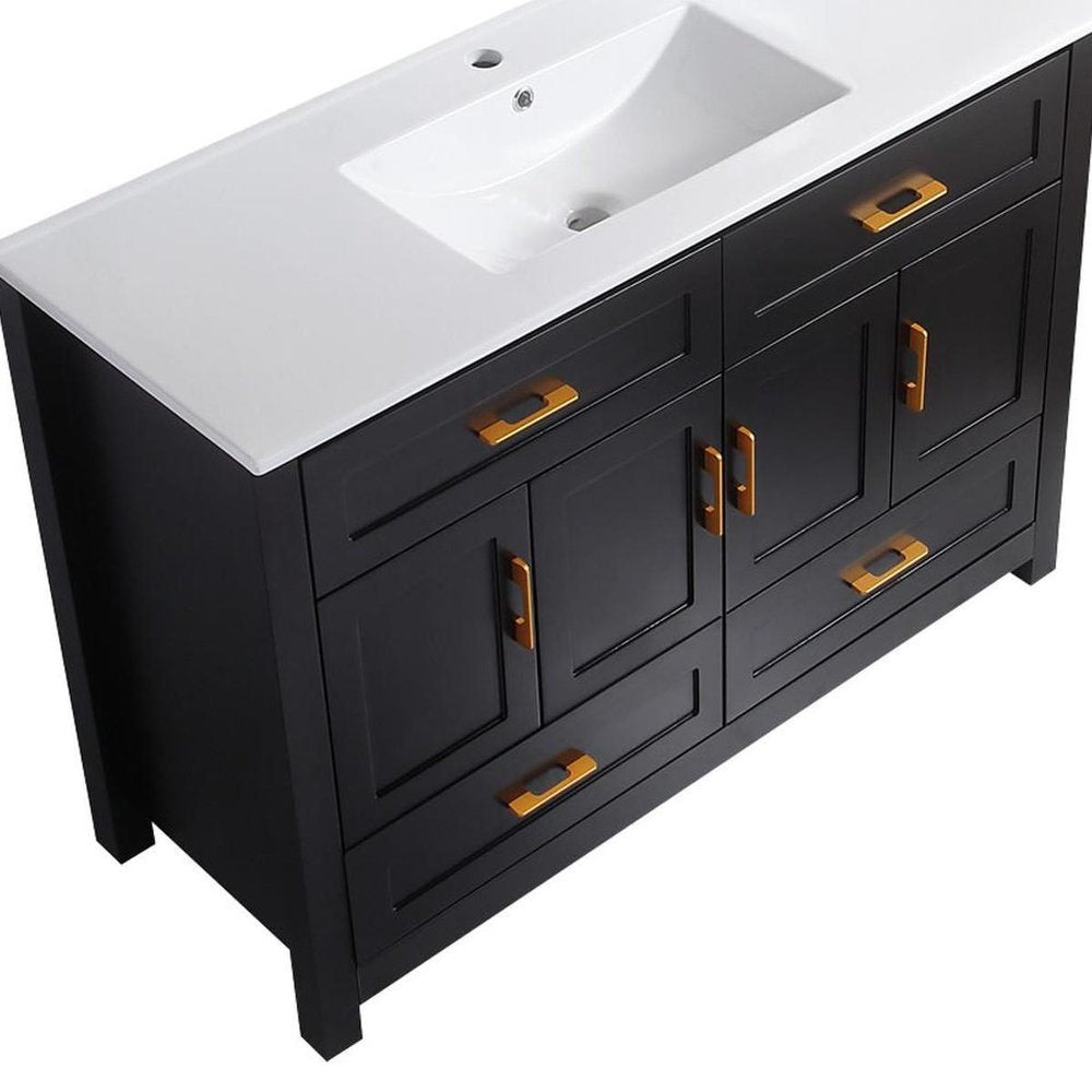 48" Black Wood Four Door Bathroom Vanity With White Acrylic Sink With Four Drawers And Shelves — view 4