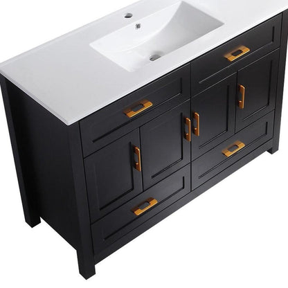 48" Black Wood Four Door Bathroom Vanity With White Acrylic Sink With Four Drawers And Shelves HomeRoots
