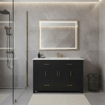 48" Black Wood Four Door Bathroom Vanity With White Acrylic Sink With Four Drawers And Shelves HomeRoots