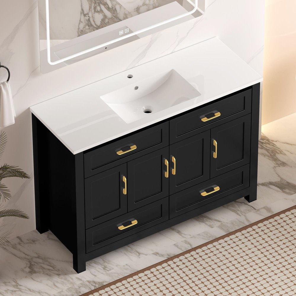 48" Black Wood Four Door Bathroom Vanity With White Acrylic Sink With Four Drawers And Shelves HomeRoots