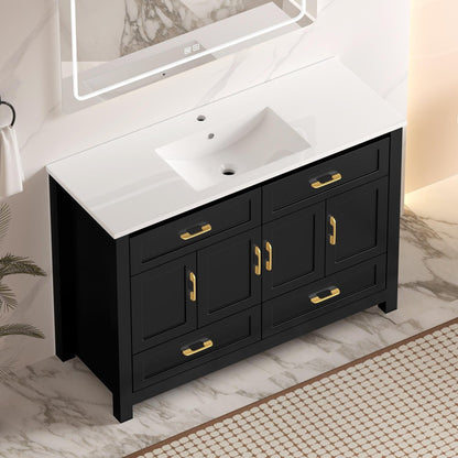 48" Black Wood Four Door Bathroom Vanity With White Acrylic Sink With Four Drawers And Shelves HomeRoots