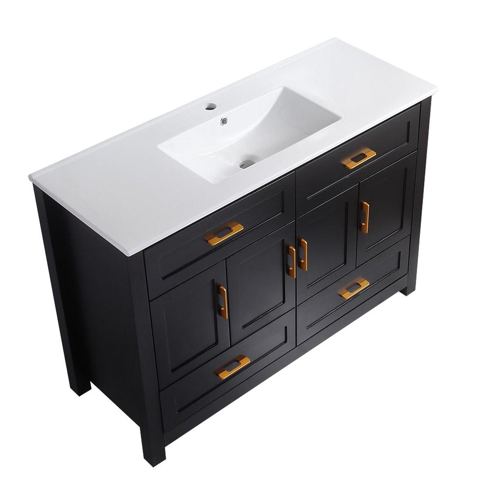 48" Black Wood Four Door Bathroom Vanity With White Acrylic Sink With Four Drawers And Shelves — view 2