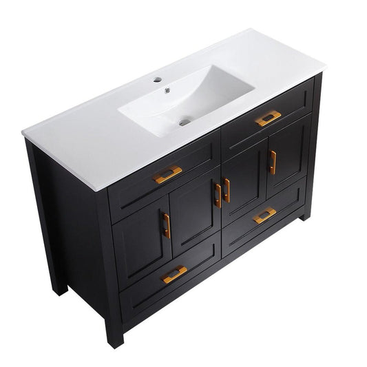48" Black Wood Four Door Bathroom Vanity With White Acrylic Sink With Four Drawers And Shelves