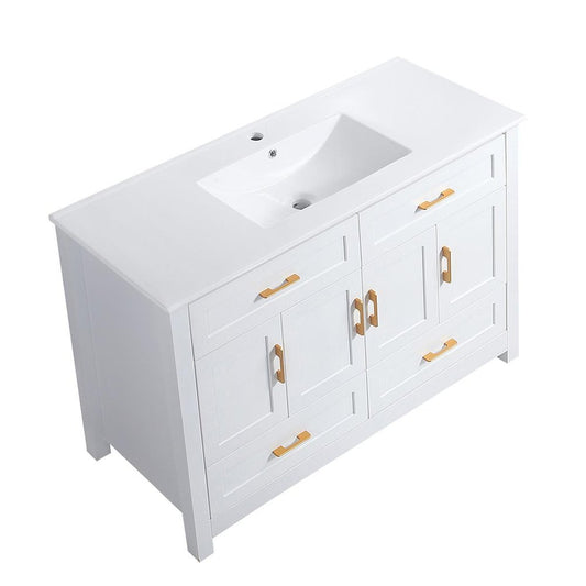 48" White Wood Four Door Bathroom Vanity With Acrylic Sink With Four Drawers And Shelves