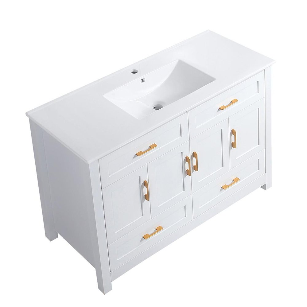 48" White Wood Four Door Bathroom Vanity With Acrylic Sink With Four Drawers And Shelves HomeRoots