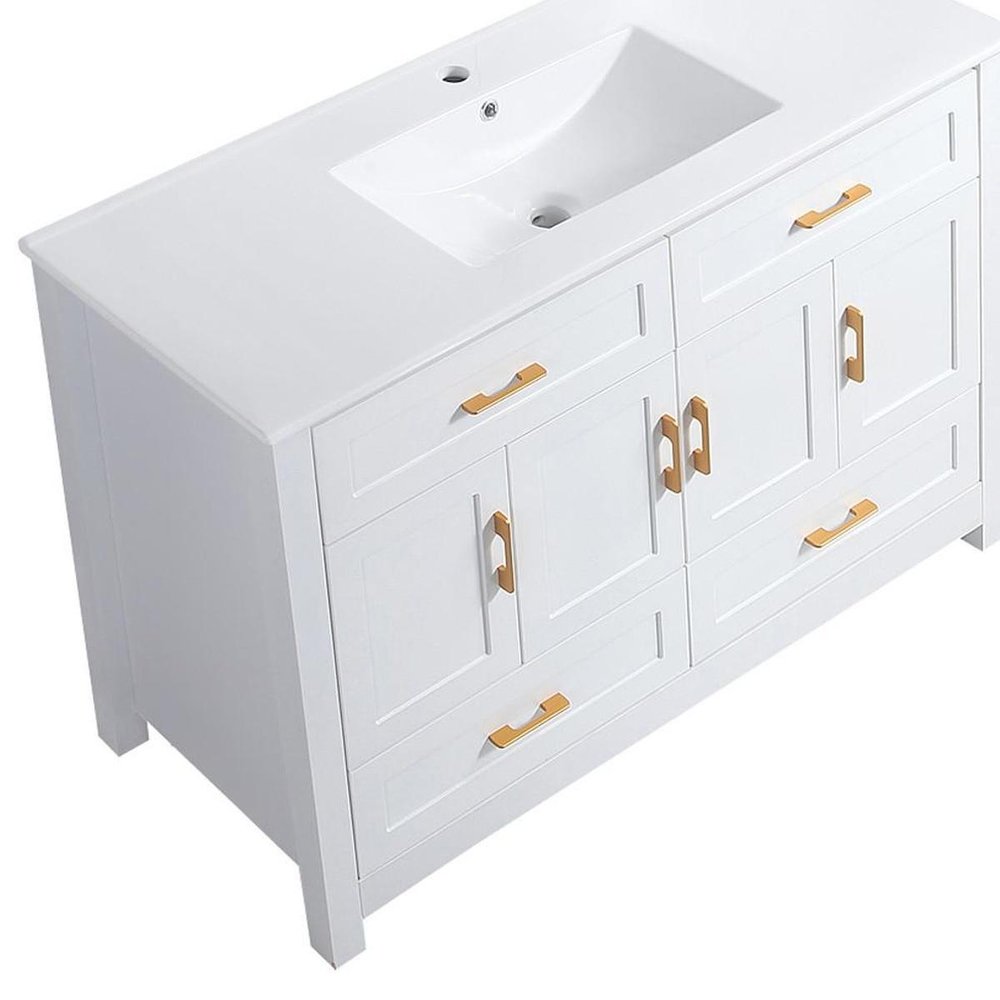 48" White Wood Four Door Bathroom Vanity With Acrylic Sink With Four Drawers And Shelves HomeRoots