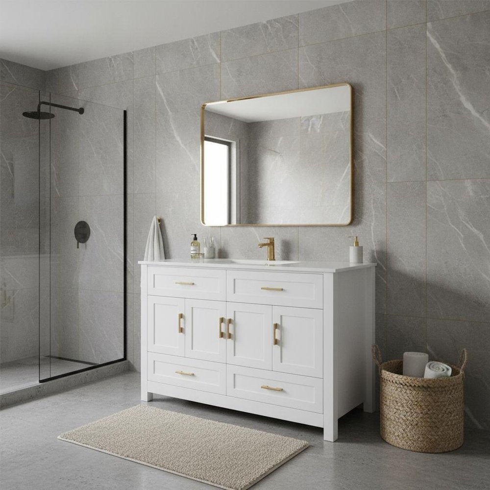 48" White Wood Four Door Bathroom Vanity With Acrylic Sink With Four Drawers And Shelves — view 4