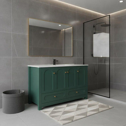 48" Green Wood Four Door Bathroom Vanity With White Acrylic Sink With Two Drawers And Shelves
