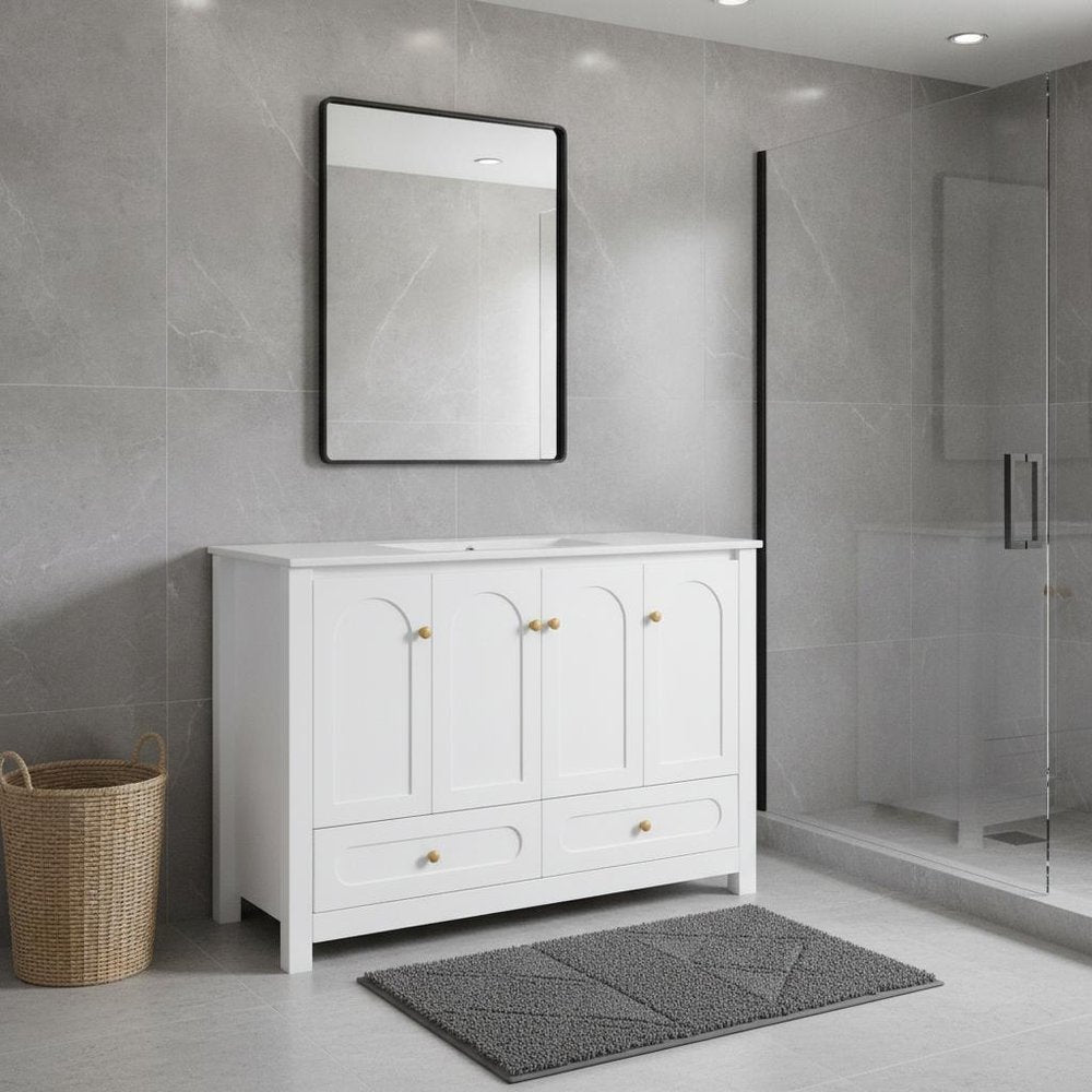 48" White Wood Four Door Bathroom Vanity With Acrylic Sink With Two Drawers And Shelves — view 4