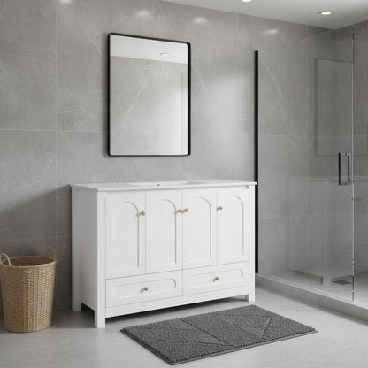 48" White Wood Four Door Bathroom Vanity With Acrylic Sink With Two Drawers And Shelves HomeRoots