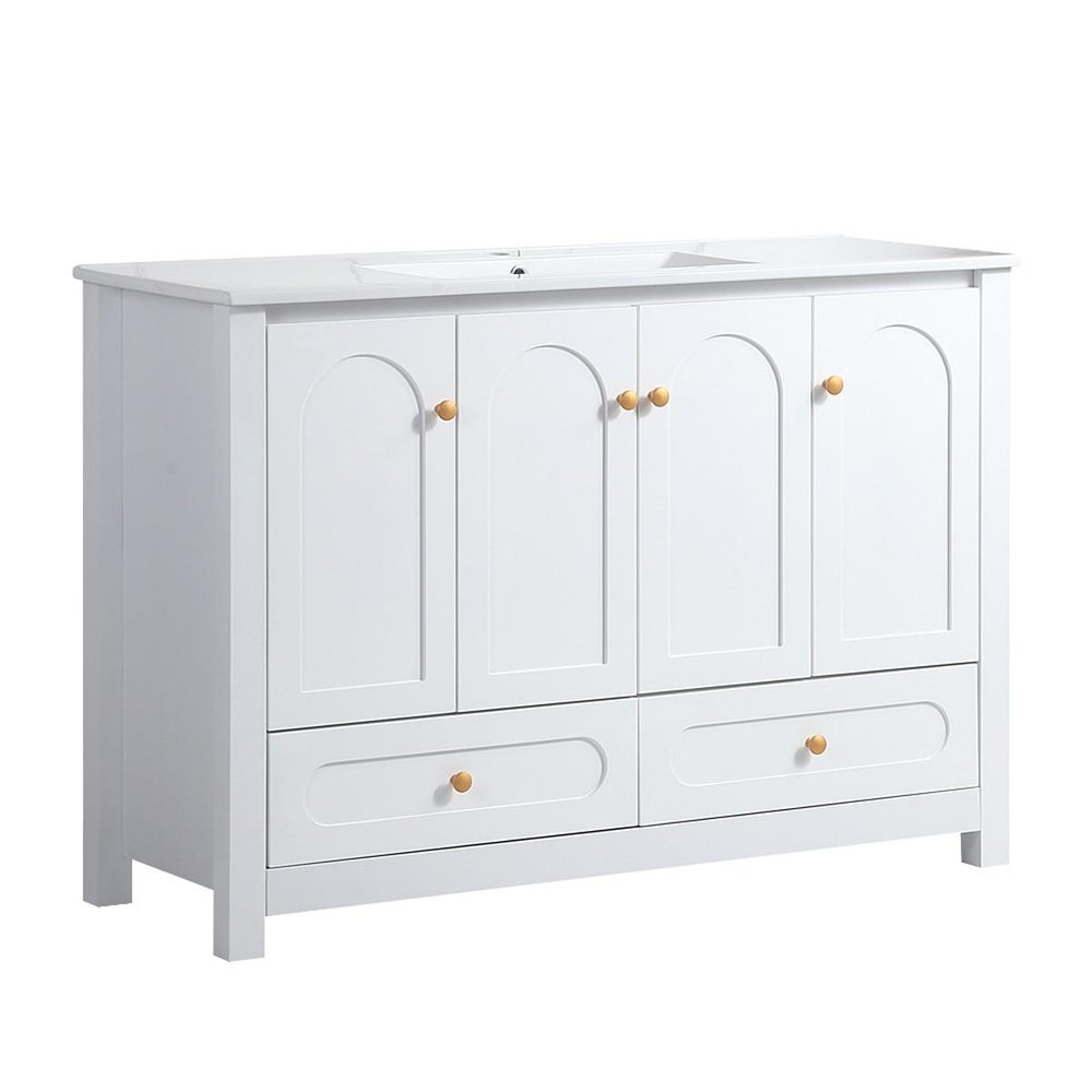 48" White Wood Four Door Bathroom Vanity With Acrylic Sink With Two Drawers And Shelves HomeRoots