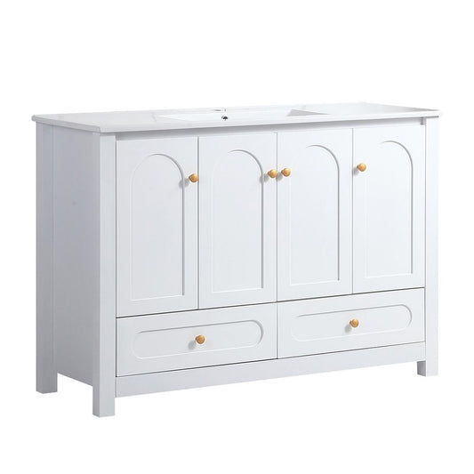 48" White Wood Four Door Bathroom Vanity With Acrylic Sink With Two Drawers And Shelves