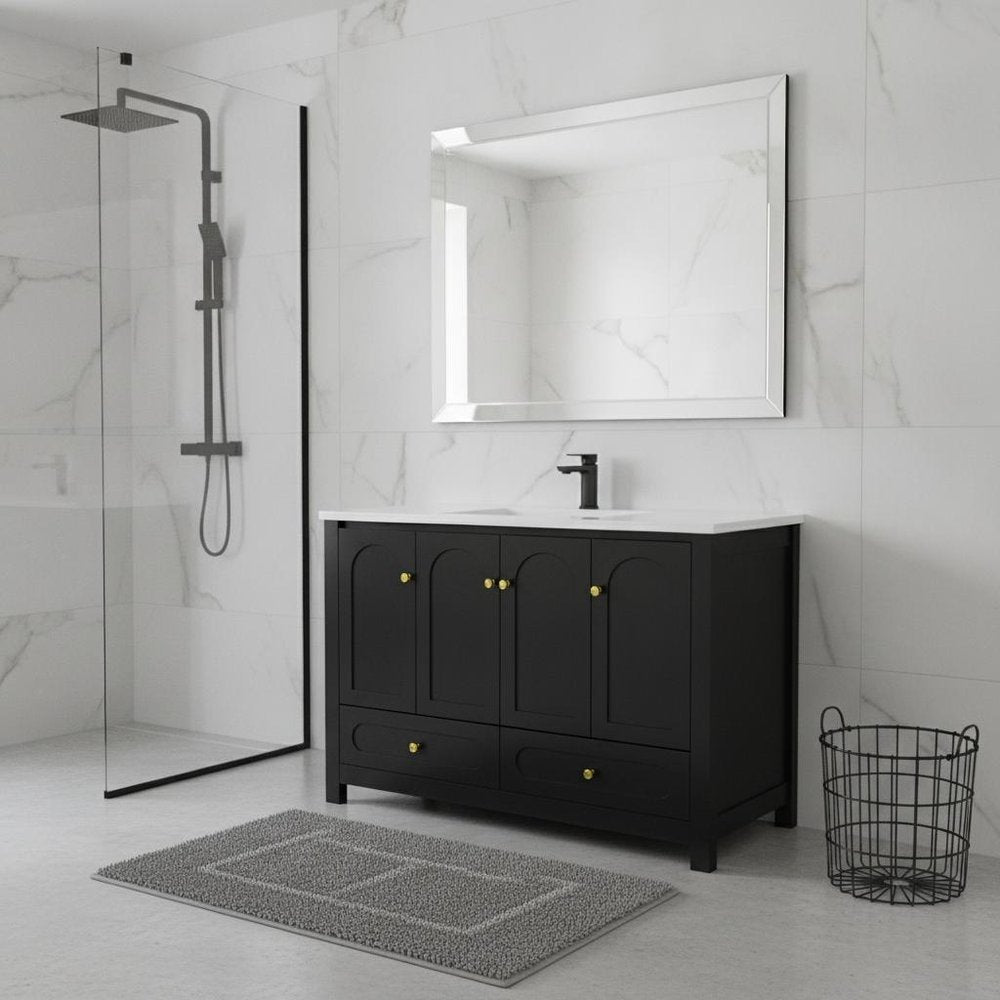48" Black Wood Four Door Bathroom Vanity With White Acrylic Sink With Two Drawers And Shelves HomeRoots
