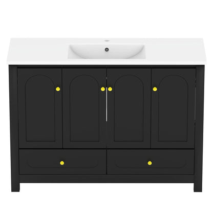 48" Black Wood Four Door Bathroom Vanity With White Acrylic Sink With Two Drawers And Shelves HomeRoots