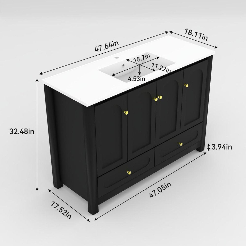 48" Black Wood Four Door Bathroom Vanity With White Acrylic Sink With Two Drawers And Shelves HomeRoots
