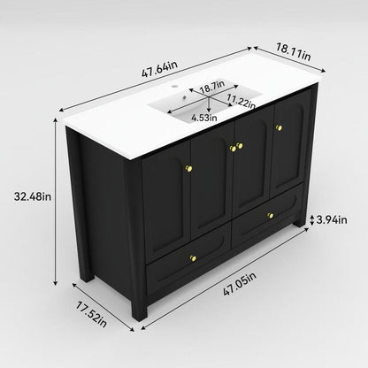 48" Black Wood Four Door Bathroom Vanity With White Acrylic Sink With Two Drawers And Shelves HomeRoots