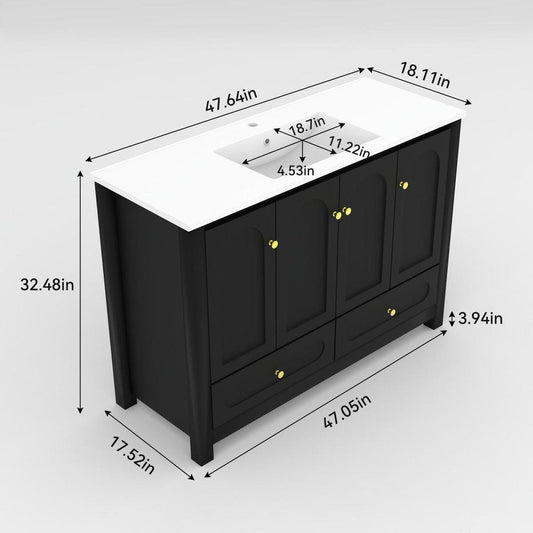48" Black Wood Four Door Bathroom Vanity With White Acrylic Sink With Two Drawers And Shelves