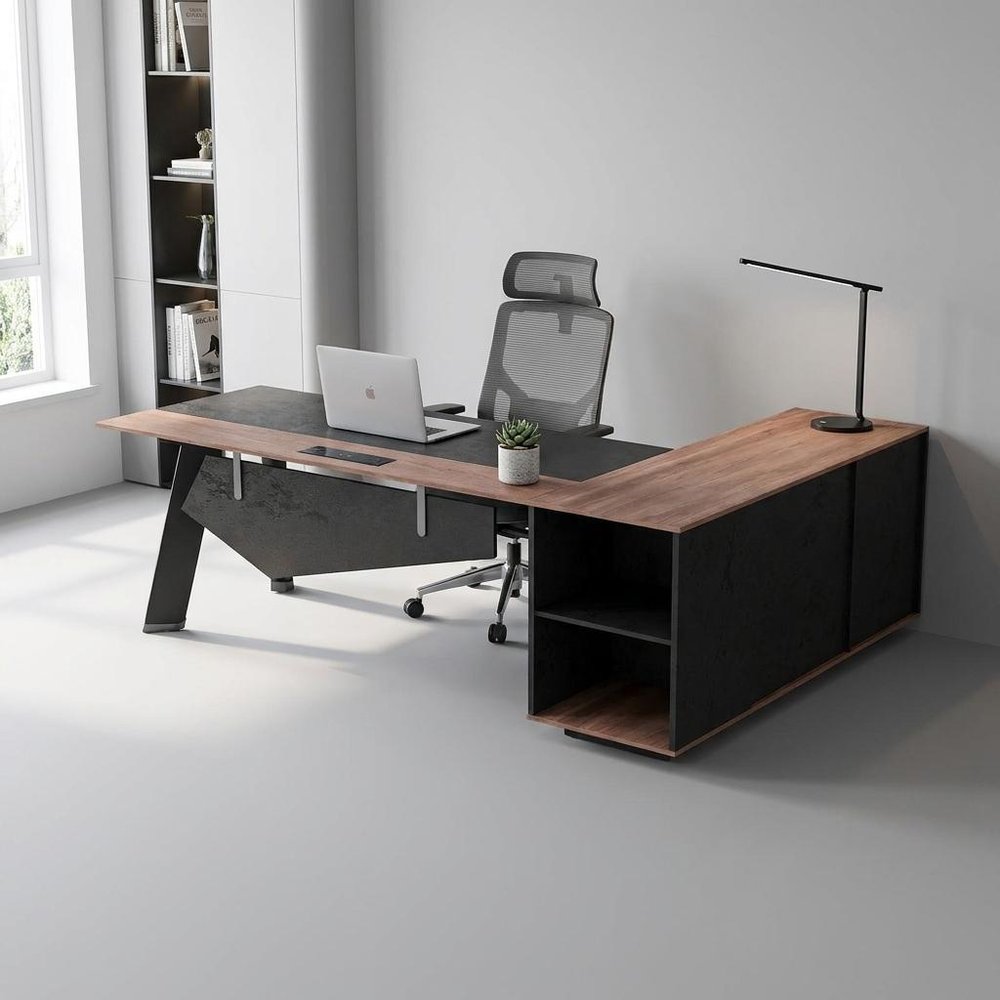 63" Black And Brown Wood And Steel L Shape Pedestal Executive Desk With Four Cabinets — view 1