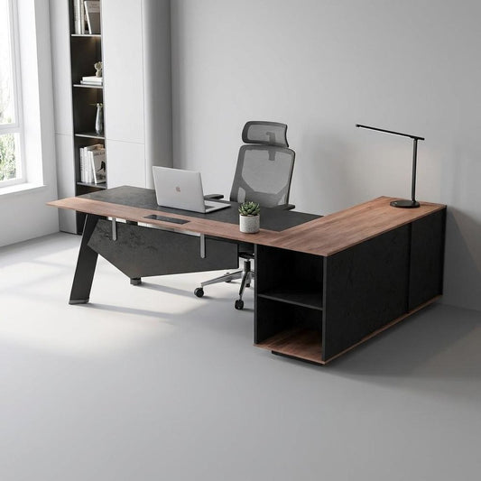 63" Black And Brown Wood And Steel L Shape Pedestal Executive Desk With Four Cabinets HomeRoots