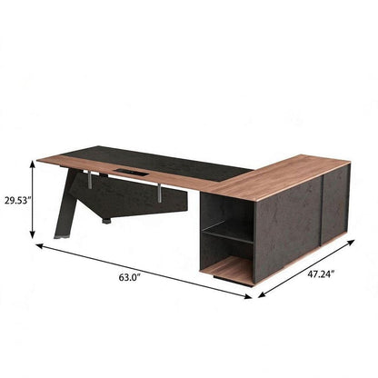 63" Black And Brown Wood And Steel L Shape Pedestal Executive Desk With Four Cabinets HomeRoots