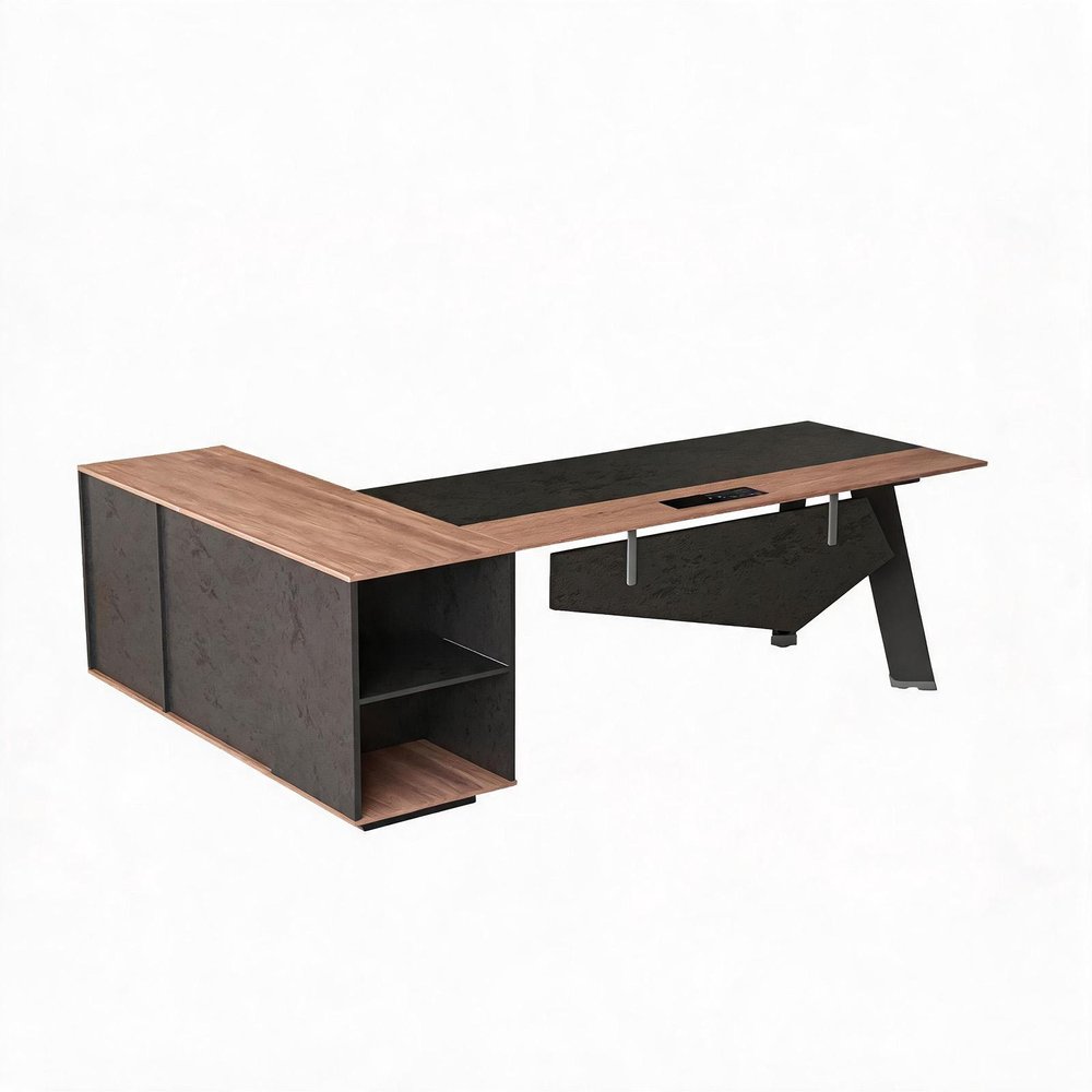63" Black And Brown Wood And Steel L Shape Pedestal Executive Desk With Four Cabinets HomeRoots
