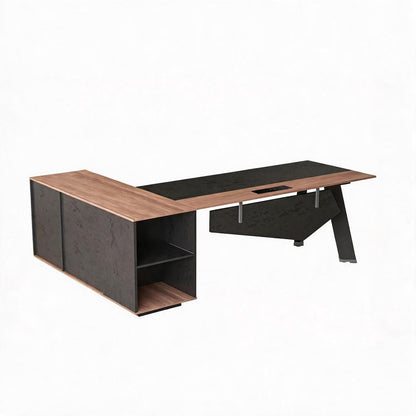 63" Black And Brown Wood And Steel L Shape Pedestal Executive Desk With Four Cabinets HomeRoots