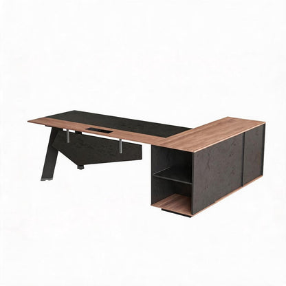 63" Black And Brown Wood And Steel L Shape Pedestal Executive Desk With Four Cabinets HomeRoots