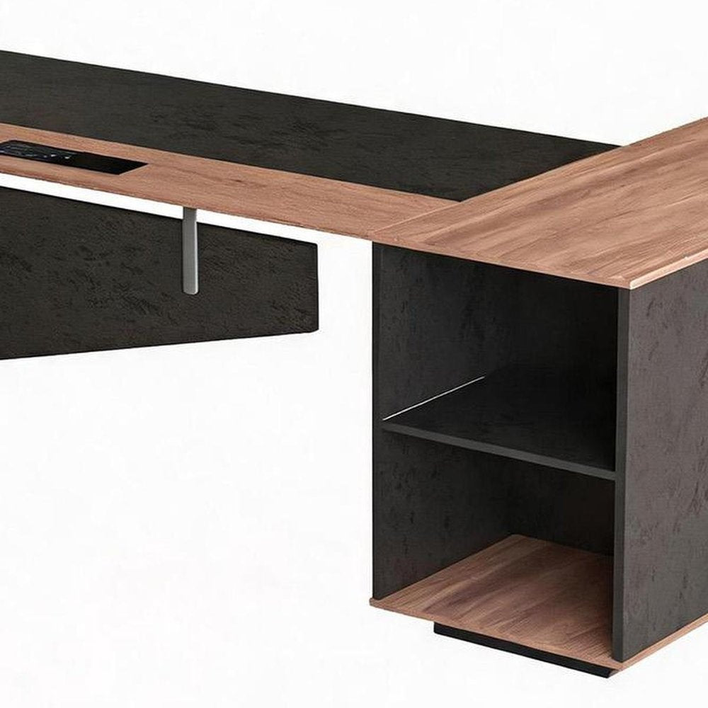 63" Black And Brown Wood And Steel L Shape Pedestal Executive Desk With Four Cabinets HomeRoots