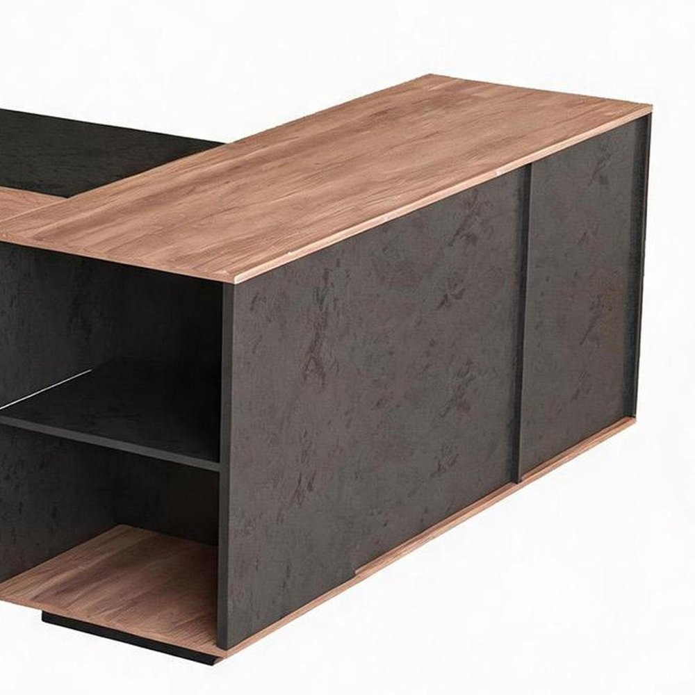 63" Black And Brown Wood And Steel L Shape Pedestal Executive Desk With Four Cabinets HomeRoots