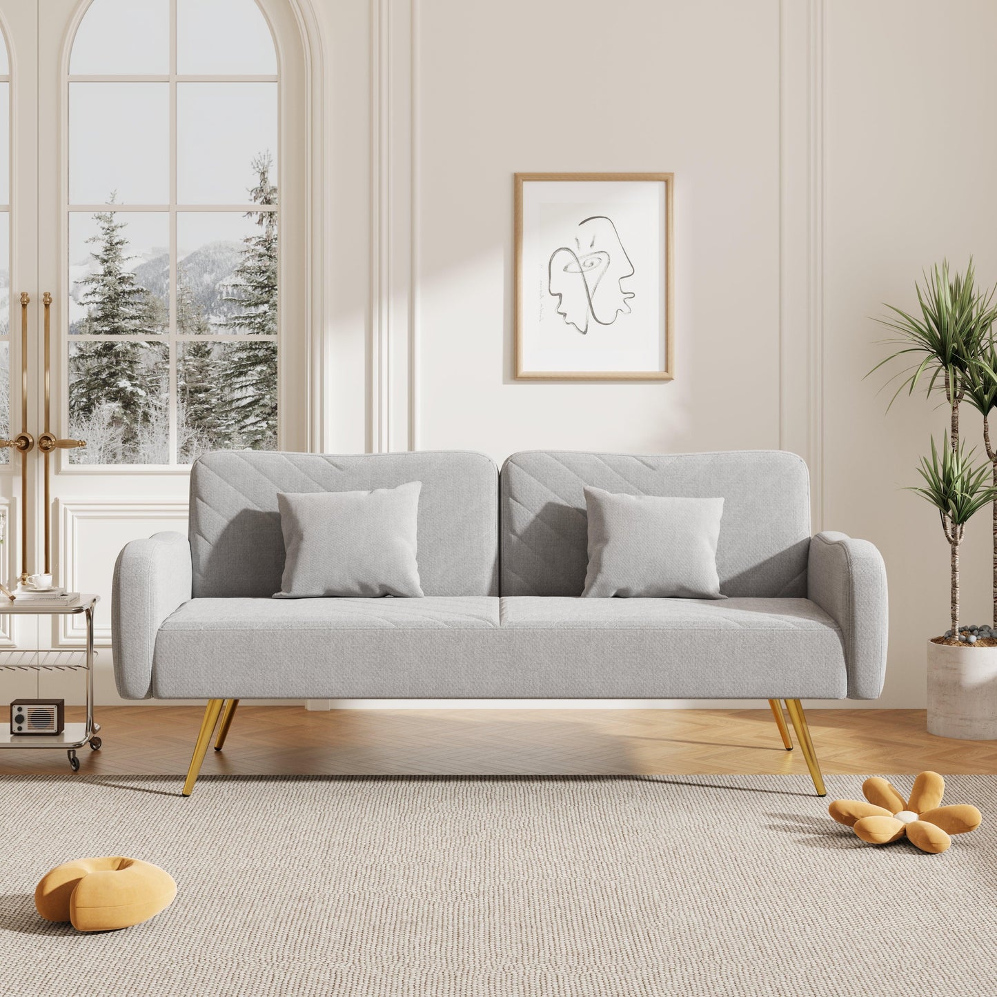 70.47" Gray Fabric Double Sofa with Split Backrest and Two Throw Pillows - FurniFindUSA