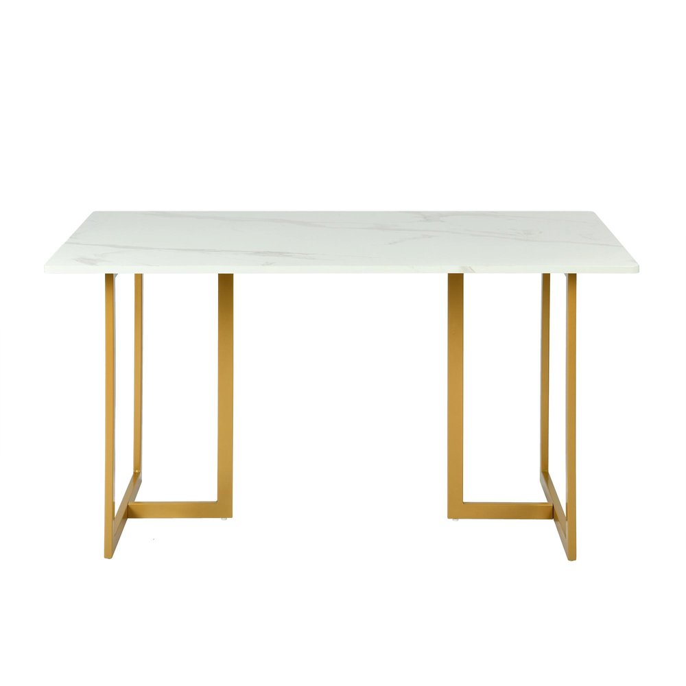 55" White And Gold Faux Marble And Iron Sled Base Dining Table HomeRoots