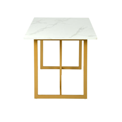 55" White And Gold Faux Marble And Iron Sled Base Dining Table HomeRoots