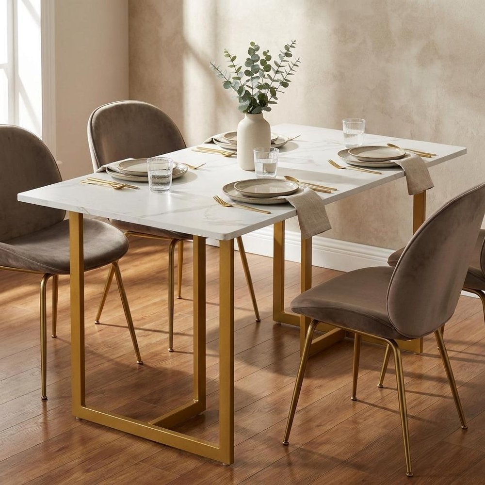 55" White And Gold Faux Marble And Iron Sled Base Dining Table HomeRoots