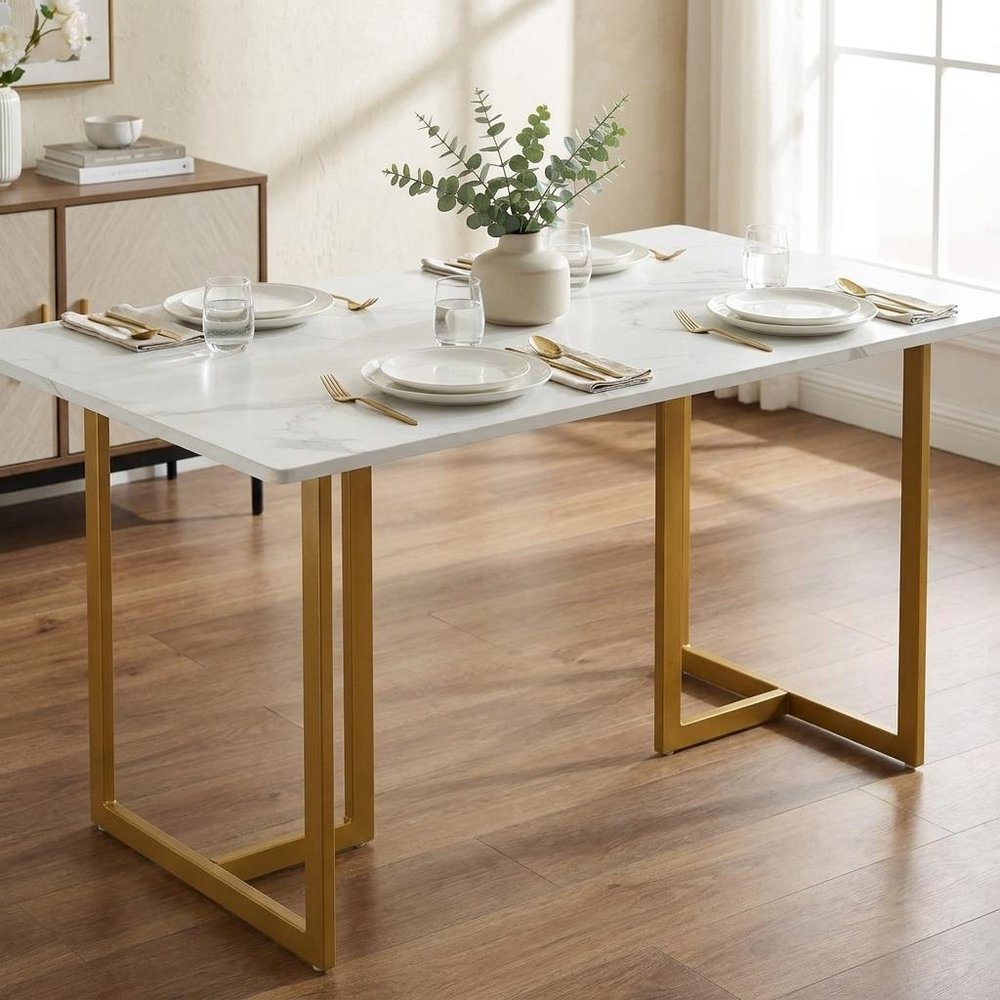 55" White And Gold Faux Marble And Iron Sled Base Dining Table HomeRoots