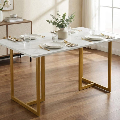 55" White And Gold Faux Marble And Iron Sled Base Dining Table HomeRoots