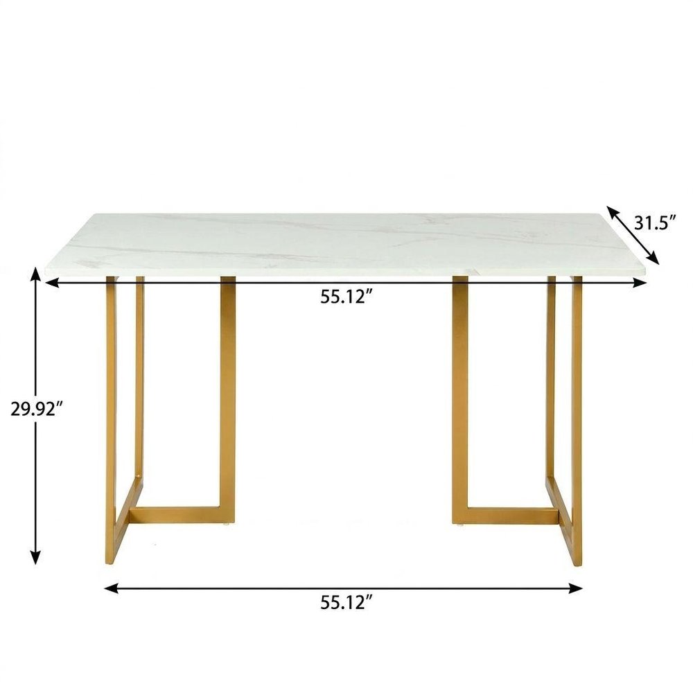 55" White And Gold Faux Marble And Iron Sled Base Dining Table HomeRoots