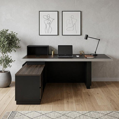 79" Black Wood Pedestal Executive Desk With And Two Drawers Built in Lighting HomeRoots