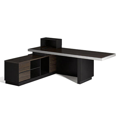 79" Black Wood Pedestal Executive Desk With And Two Drawers Built in Lighting HomeRoots