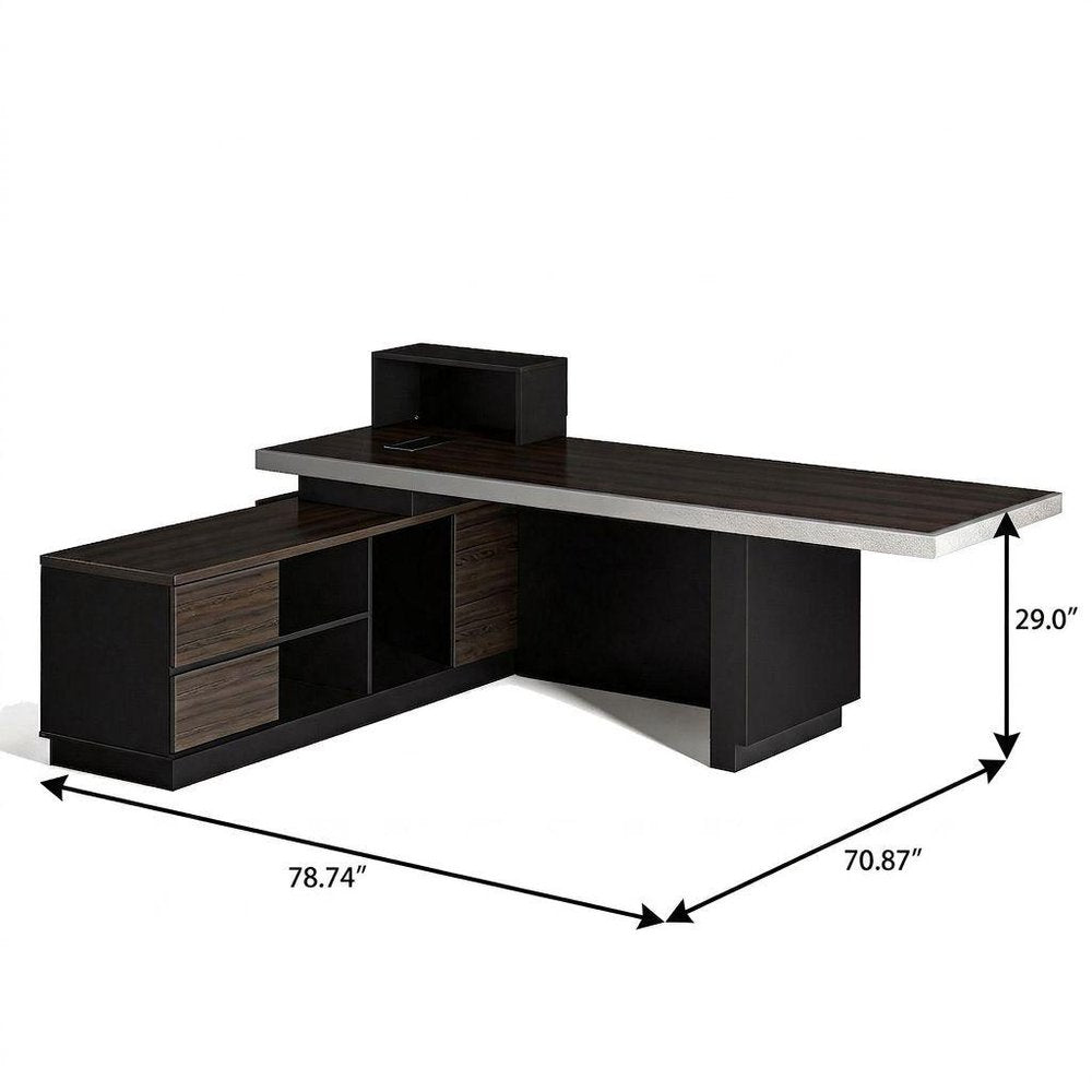 79" Black Wood Pedestal Executive Desk With And Two Drawers Built in Lighting HomeRoots