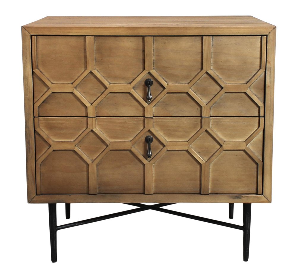 26" Natural Iron and Solid Wood Distressed Carved Geometric Two Drawer Nightstand HomeRoots