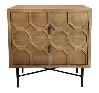 26" Natural Iron and Solid Wood Distressed Carved Geometric Two Drawer Nightstand HomeRoots