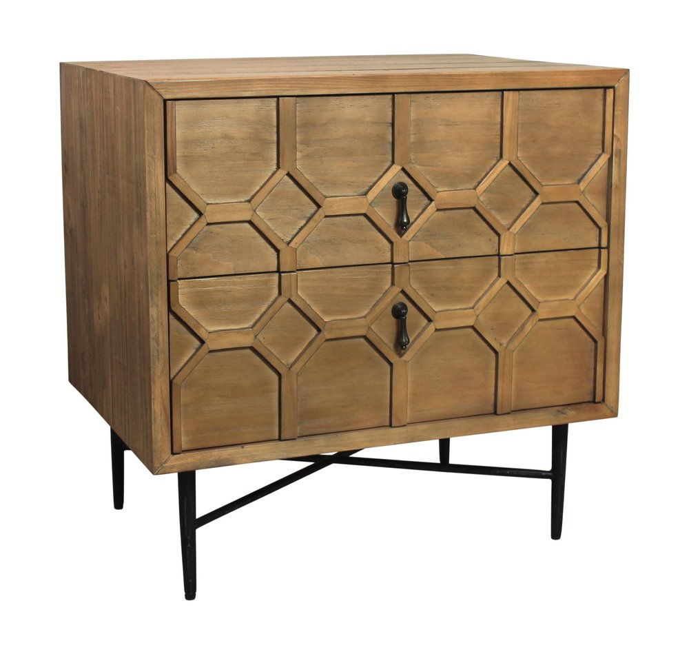 26" Natural Iron and Solid Wood Distressed Carved Geometric Two Drawer Nightstand — view 2