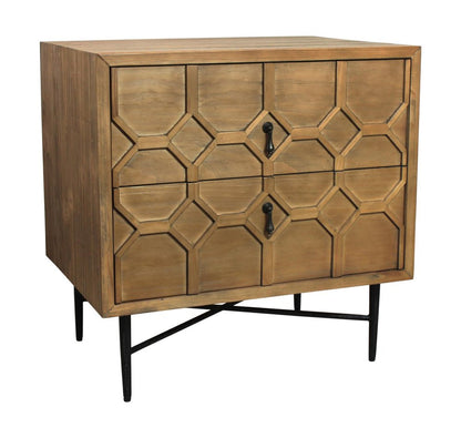 26" Natural Iron and Solid Wood Distressed Carved Geometric Two Drawer Nightstand HomeRoots