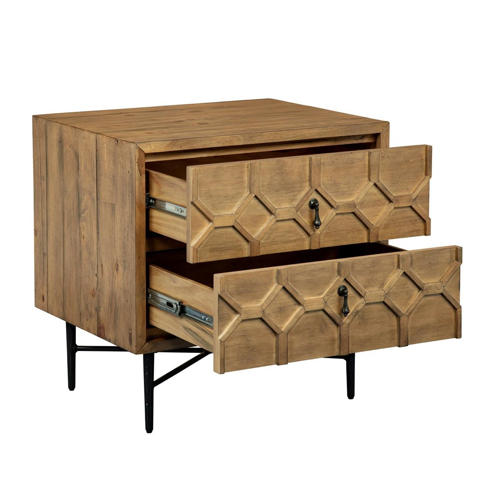 26" Natural Iron and Solid Wood Distressed Carved Geometric Two Drawer Nightstand — view 3